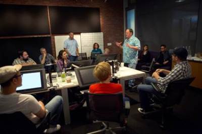 Director John Lasseter works with members of his story team on Disney•Pixar's "Toy Story 4," a new chapter in the lives of Woody, Buzz Lightyear and the "Toy Story" gang. (Photo by Deborah Coleman / Pixar)