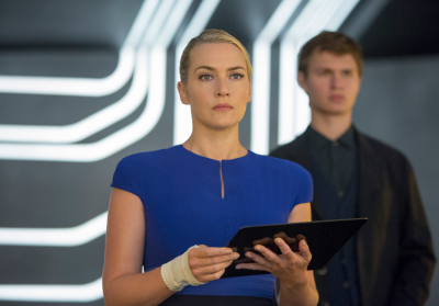 Jeanine (Kate Winslet) and Caleb (Ansel Elgort) in THE DIVERGENT SERIES: INSURGENT. Photo Credit: Andrew Cooper.