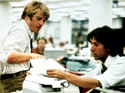 ALL THE PRESIDENT'S MEN (1976) Directed by Alan J. Pakula. Robert Redford and Dustin Hoffman (l. to r.)